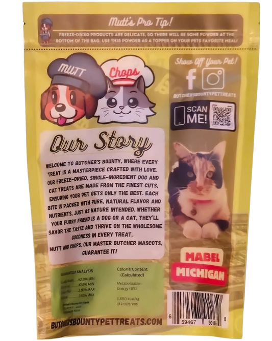 Beef heart ingredients and nutritional label – freeze-dried pet treat with no fillers or preservatives