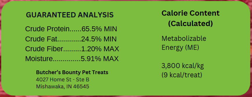Freeze-dried lamb heart pet treats – back label with guaranteed analysis and ingredient list